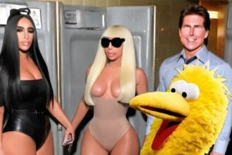 Kim Kardashian, Lady Gaga, Tom Cruise, and Big Bird inside bathroom.