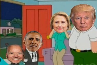 Family Guy cartoon characters with the heads of Donald Trump, Joe Biden, Barack Obama, and Hillary Clinton.