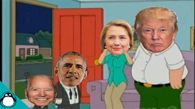 Family Guy cartoon characters with the heads of Donald Trump, Joe Biden, Barack Obama, and Hillary Clinton.