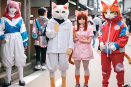 Four Japanese men and women dressed up like anime animal characters.