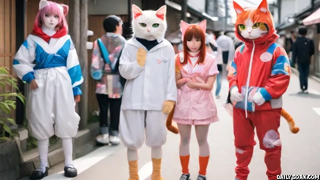 Four Japanese men and women dressed up like anime animal characters.