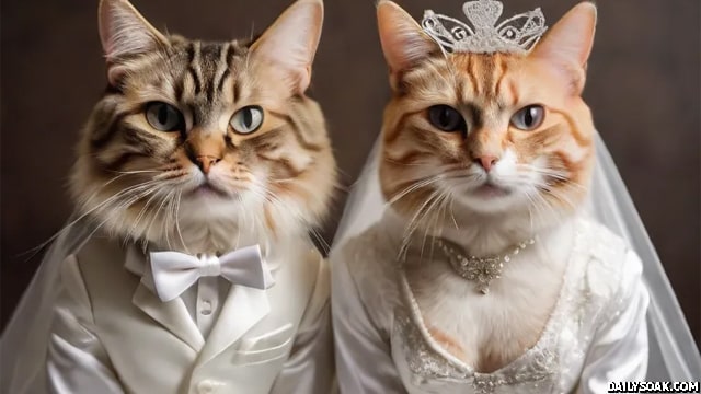 Two cats dressed as a bride and groom.