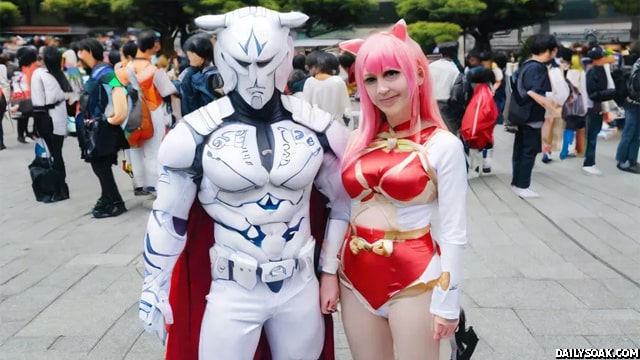 Man and woman dressed in cosplay on a Japan street.