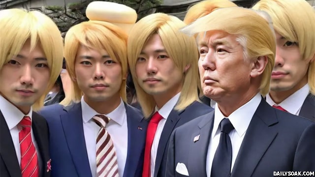 Group of Japanese men dressed like Donald Trump with blue suits and blonde hair.