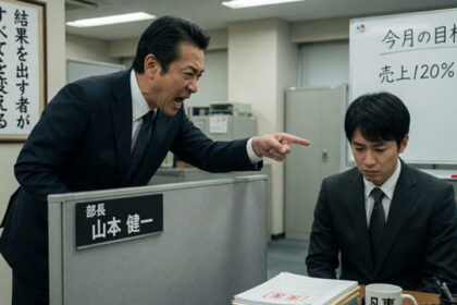 Japanese boss in business suit yelling at his Japanese male employee.