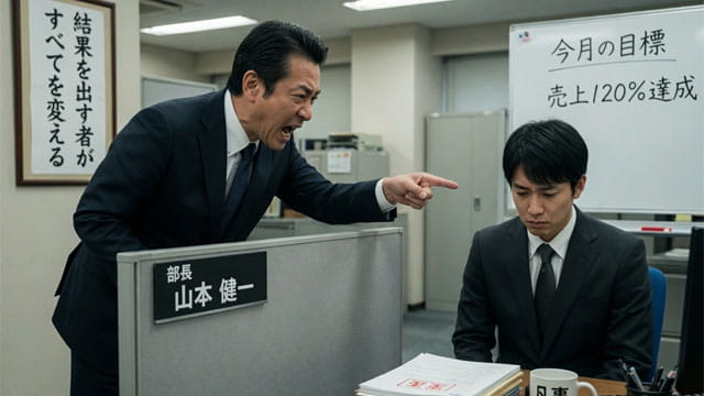 Japanese boss in business suit yelling at his Japanese male employee.
