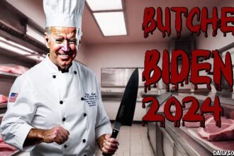 Joe Biden wearing a white butcher's uniform standing inside a meat butcher shop.