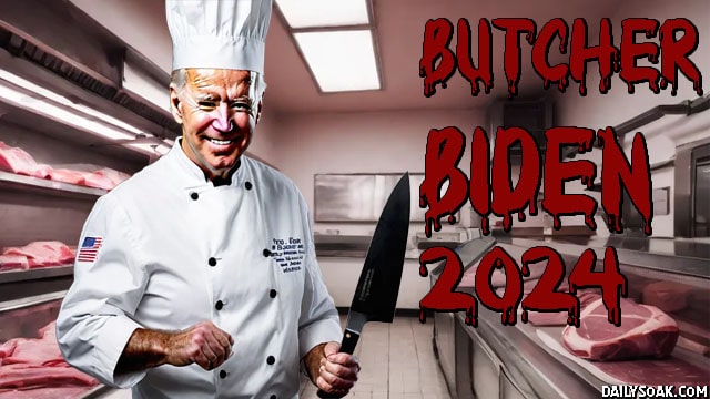 Joe Biden wearing a white butcher's uniform standing inside a meat butcher shop.
