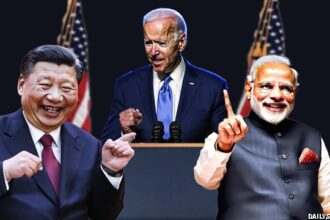 Xi Jinping and Narendra Modi laughing at Joe Biden gaffes while giving a speech.