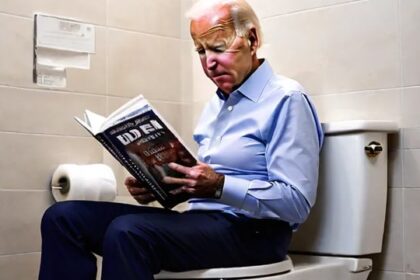 Joe Biden sitting on a toilet reading a book upside down.