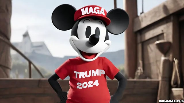 Steamboat Willie Mickey Mouse wearing a red Trump MAGA hat.
