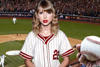 Taylor Swift wearing a red and white baseball jersey at a baseball game.