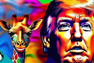 Psychedelic multicolored Donald Trump rally.