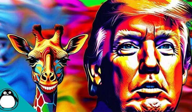 Psychedelic multicolored Donald Trump rally.