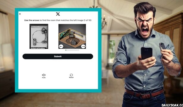 Frustrated man on smartphone trying to create new Twitter X account.
