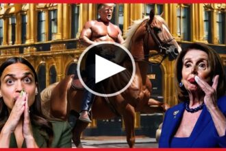 Shirtless Donald Trump riding a horse in front of AOC and Nancy Pelosi.
