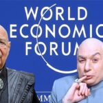 Klaus Schwab and Dr. Evil standing in front of blue WEF background.