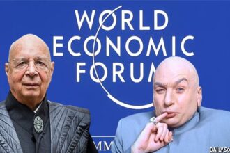 Klaus Schwab and Dr. Evil standing in front of blue WEF background.