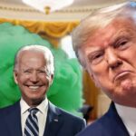 Joe Biden laughing behind Donald Trump.