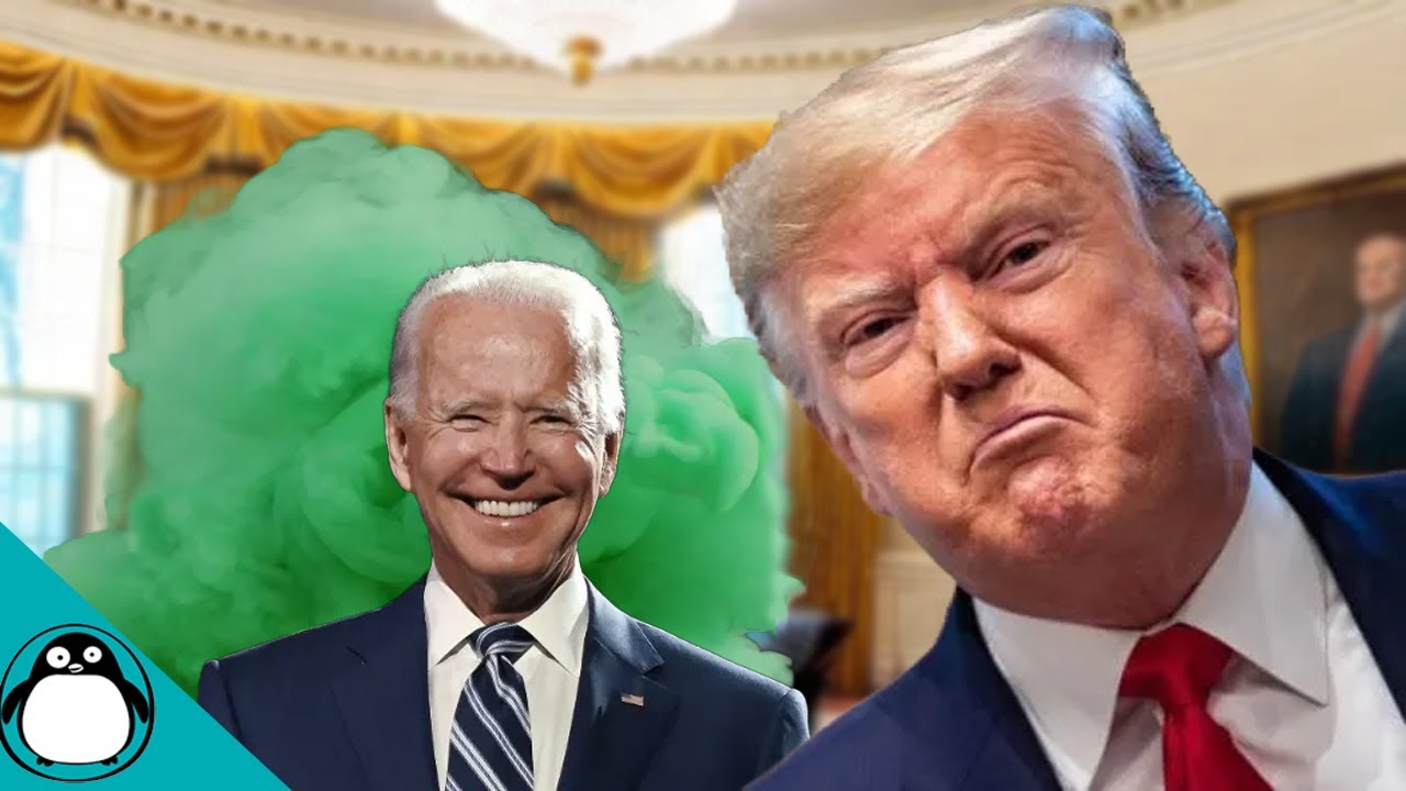 Joe Biden laughing behind Donald Trump.