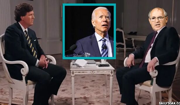 Tucker Carlson sitting down to an interview with Russian President Vladimir Putin with the head of Mikhail Gorbachev.