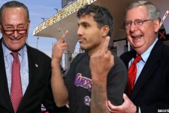 US Senate members Chuck Schumer and Mitch McConnell standing with an illegal alien at Texas border.