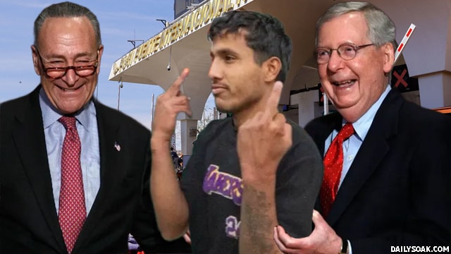 US Senate members Chuck Schumer and Mitch McConnell standing with an illegal alien at Texas border.