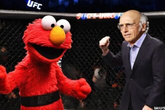 Larry David and Elmo fighting inside the UFC MMA octagon ring.