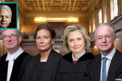 Hillary Clinton wearing a black high court judge's robe inside a courtroom hearing for Julian Assange.