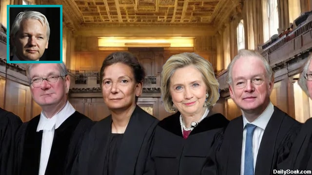 Hillary Clinton wearing a black high court judge's robe inside a courtroom hearing for Julian Assange.