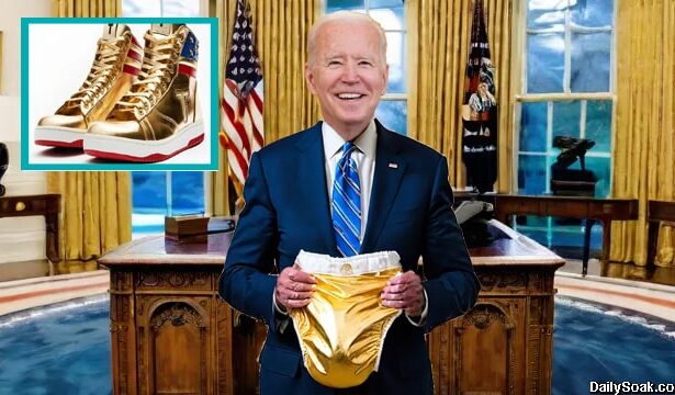 Joe Biden holding up a golden diaper nest to Donald Trump's sneakers.