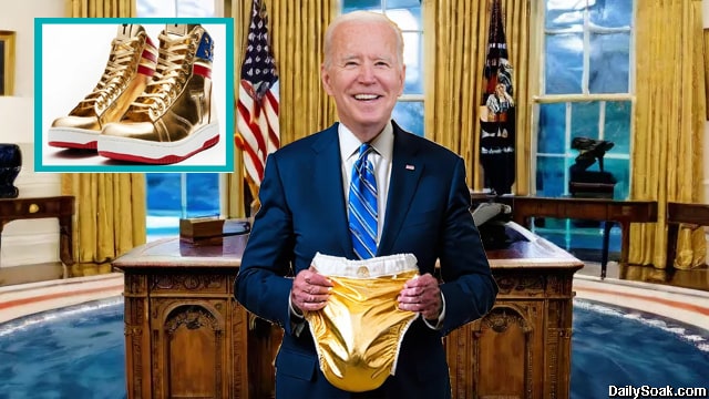 Joe Biden holding up a golden diaper nest to Donald Trump's sneakers.