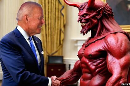 Joe Biden shaking hands with Satan inside White House.