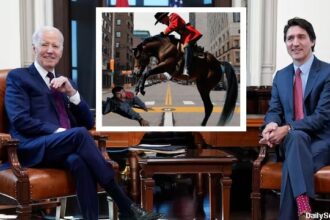 Canada's Justin Trudeau and Joe Biden sitting in front of a Canadian Mountie trampling over an American trucker protester.