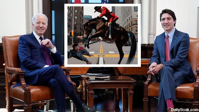 Canada's Justin Trudeau and Joe Biden sitting in front of a Canadian Mountie trampling over an American trucker protester.
