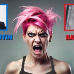 Angry liberal woman with pink hair yelling at picture of Vladimir Putin.