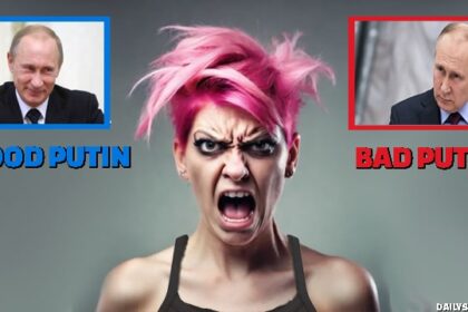 Angry liberal woman with pink hair yelling at picture of Vladimir Putin.