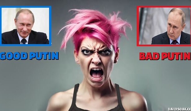 Angry liberal woman with pink hair yelling at picture of Vladimir Putin.