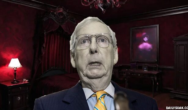 Mitch McConnell standing inside of a dark, red vampire's room.