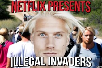 Parody Netflix movie poster with blonde white people at southern Texas border crisis.