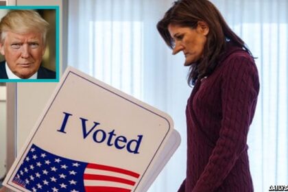 Nikki Haley voting during the Republican South Carolina primary as Donald Trump watches.