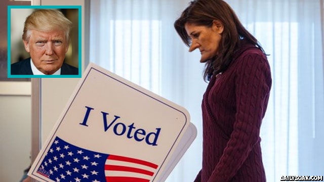 Nikki Haley voting during the Republican South Carolina primary as Donald Trump watches.
