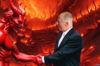 Red Satan shaking hands with Jacob Rothschild in Hell.