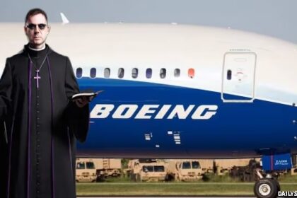 Priest in black robes standing in front of a Boeing plane.