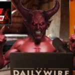 Satan sitting at desk of The Daily Wire office.