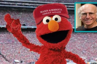 Sesame Street's Elmo wearing a red Donald Trump MAGA hat.