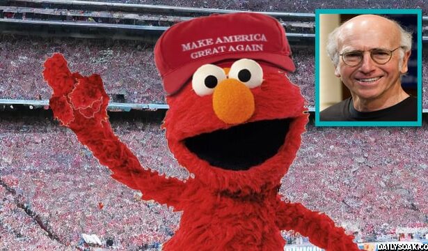Sesame Street's Elmo wearing a red Donald Trump MAGA hat.