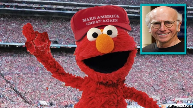 Sesame Street's Elmo wearing a red Donald Trump MAGA hat.