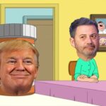 Oscars host Jimmy Kimmel staring at a picture of Donald Trump.