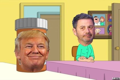 Oscars host Jimmy Kimmel staring at a picture of Donald Trump.